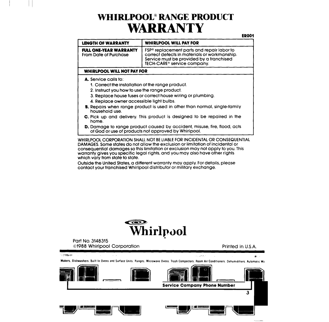 Whirlpool RB2200XV manual Erooi Whirlpool will PAY for, Whirlpool will not PAY for 