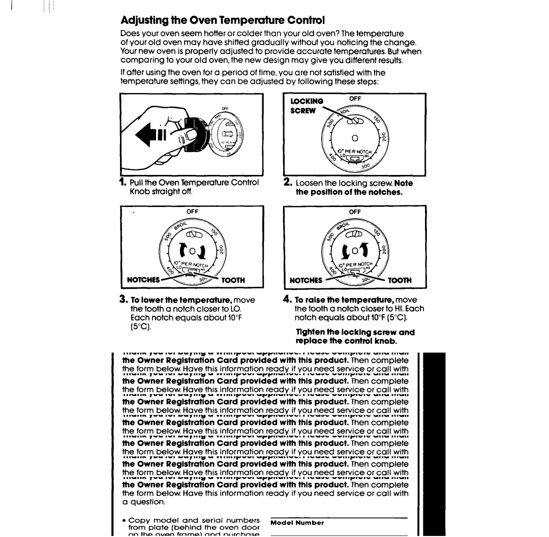 Whirlpool RB2200XV Adjusting Oven Temperature Control, Notches, Tlghten the locklng screw and replace the control knob 