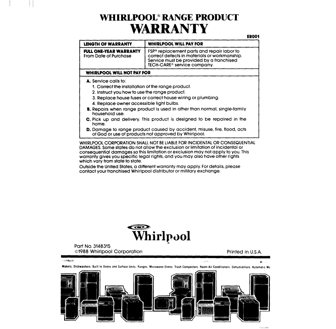 Whirlpool RB2200XV manual Whirlpool’ Range Product, W-Ty 
