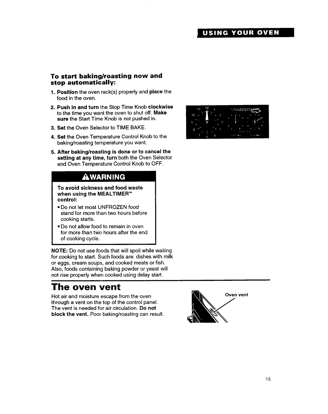 Whirlpool RB220PXB important safety instructions Oven Vent, To start baking/roasting now and stop automatically 