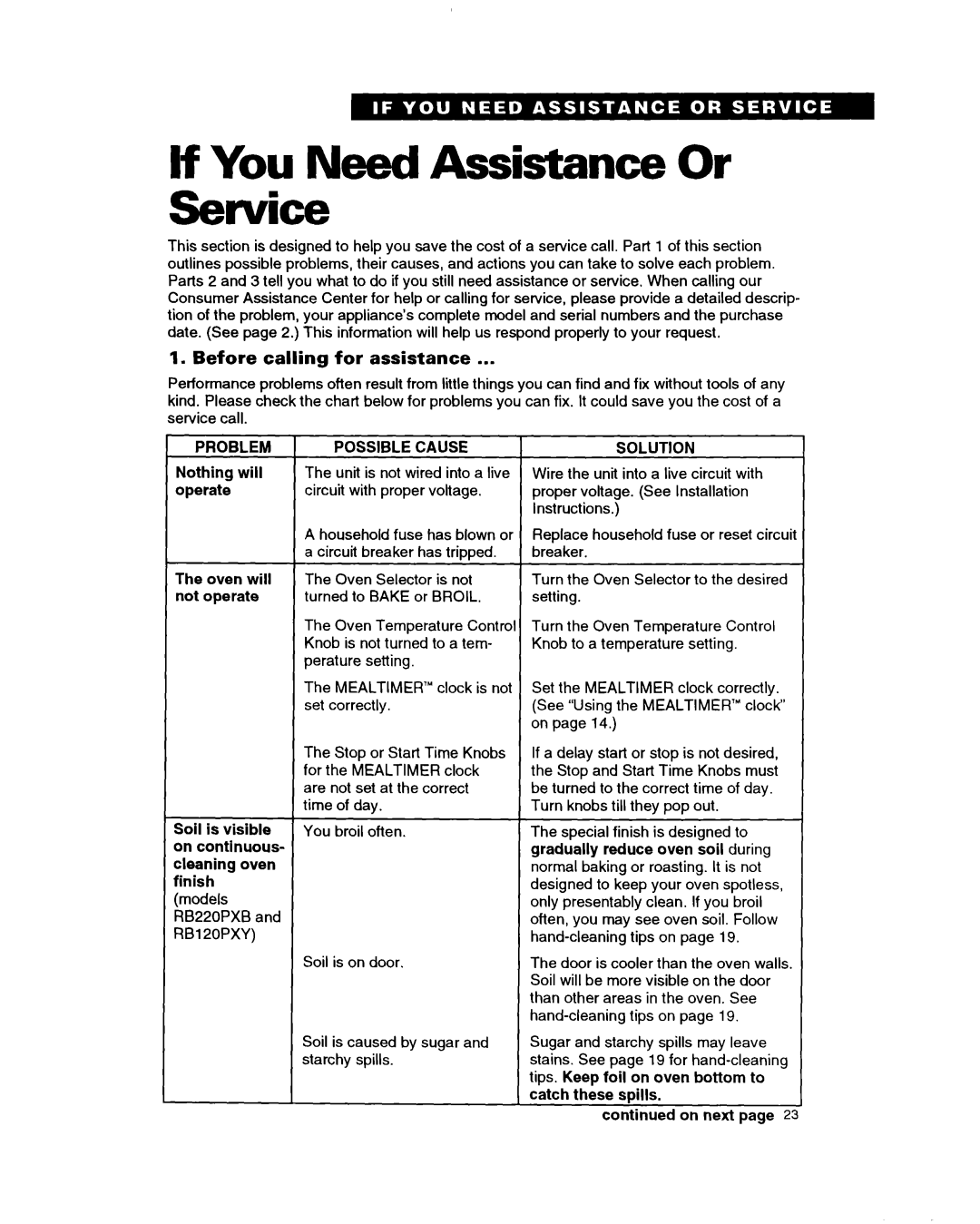 Whirlpool RB220PXB important safety instructions If You N Service, Before calling for assistance, Problem Possible Cause 