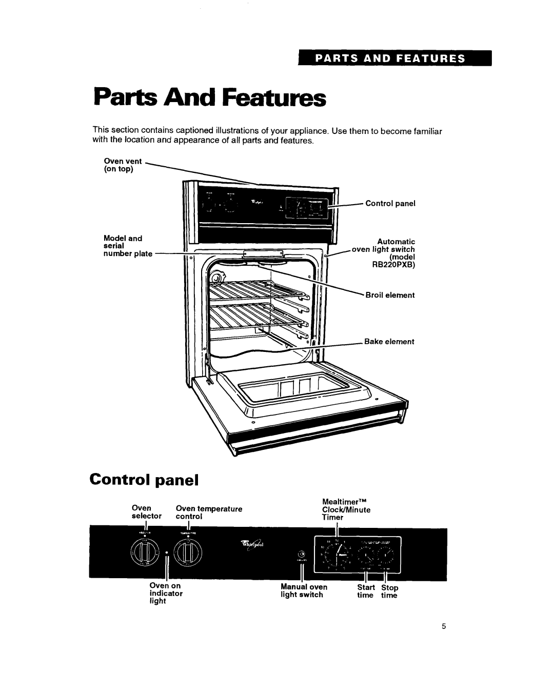 Whirlpool RB220PXB important safety instructions Parts And Features, Control Panel 