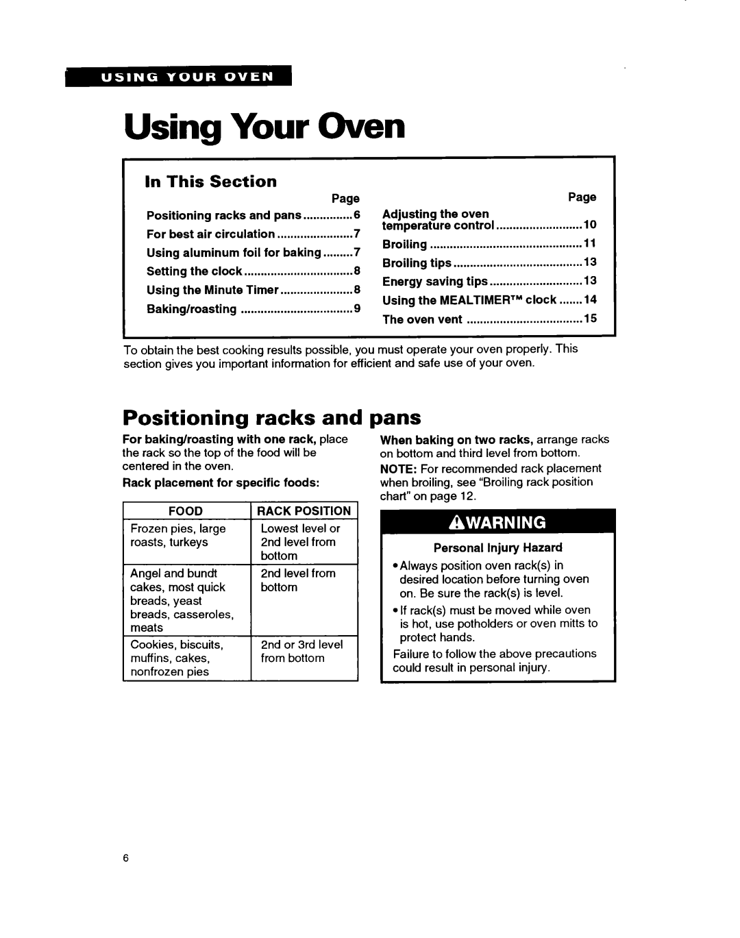 Whirlpool RB220PXB important safety instructions Using Your Oven, Positioning racks and pans 