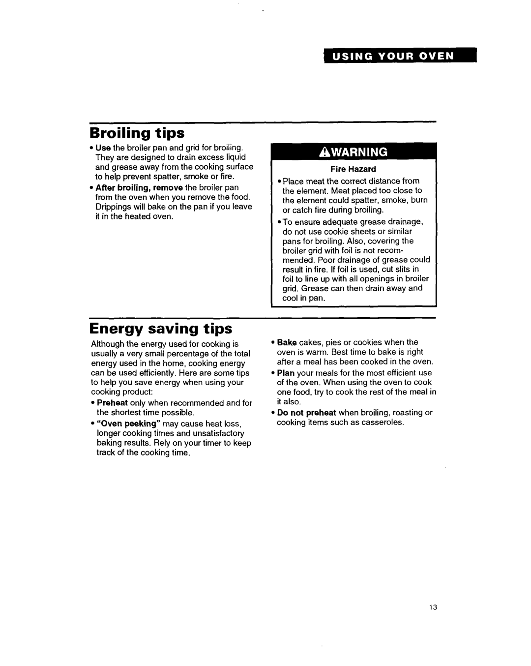 Whirlpool RB220PXB important safety instructions Broiling tips, Energy saving tips 
