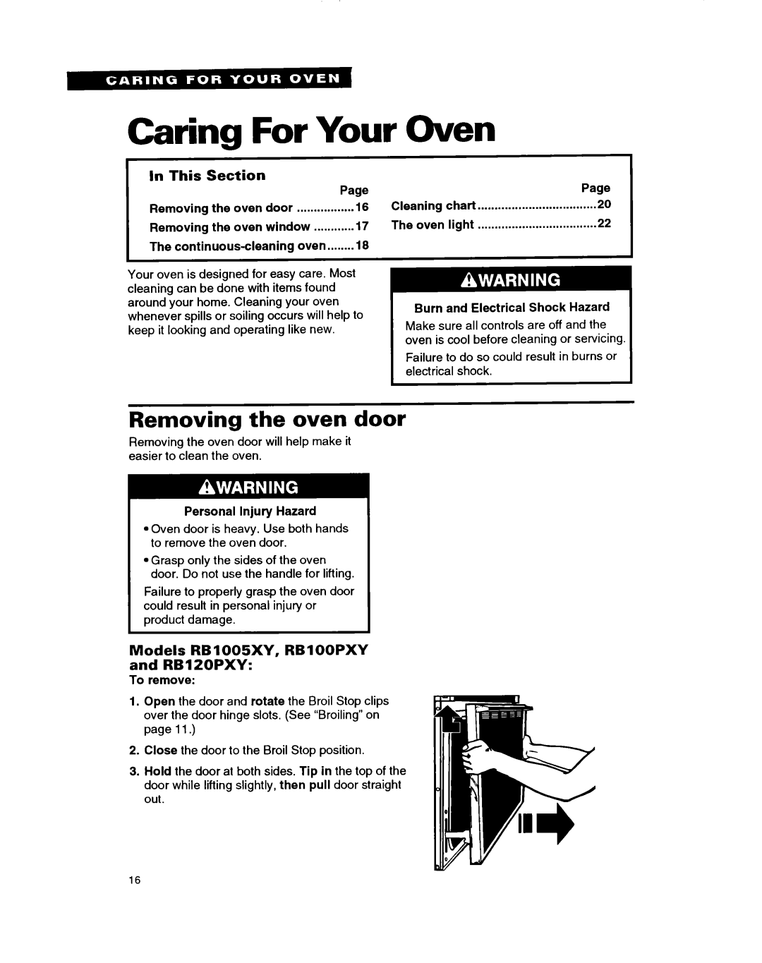 Whirlpool RB220PXB important safety instructions Caring For Your Oven, Removing the oven door 