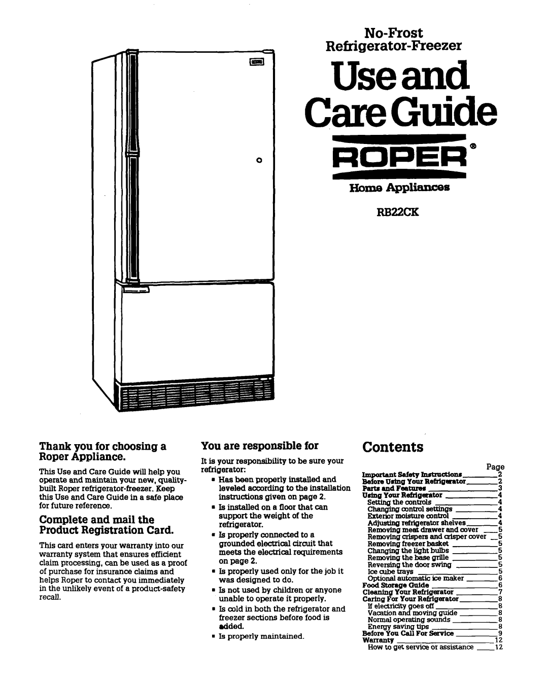 Whirlpool RB22CK warranty No-Frost Refrigerator-Freezer, Contents 