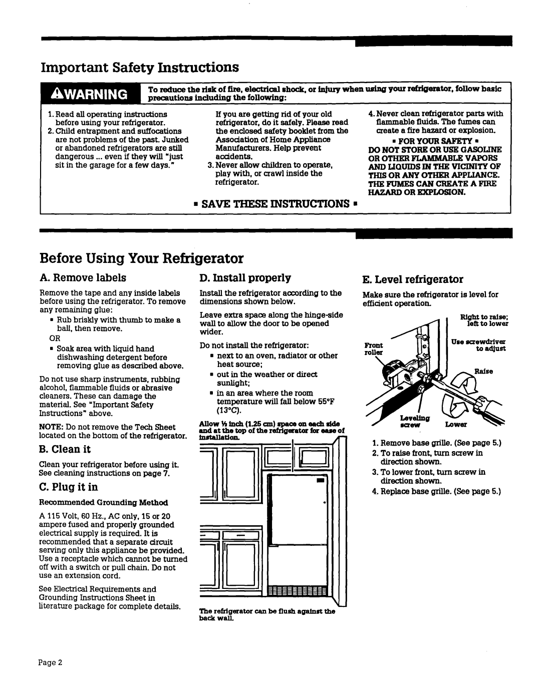 Whirlpool RB22CK warranty Important Safety Instructions, Before Using Your Refrigerator 