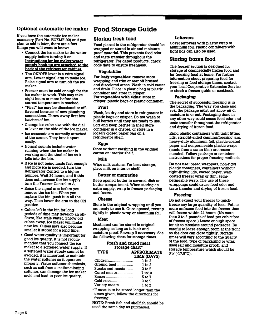 Whirlpool RB22CK warranty Food Storage Guide, Storing fresh food, Storing frozen food, Optional automatic ice maker, Type 