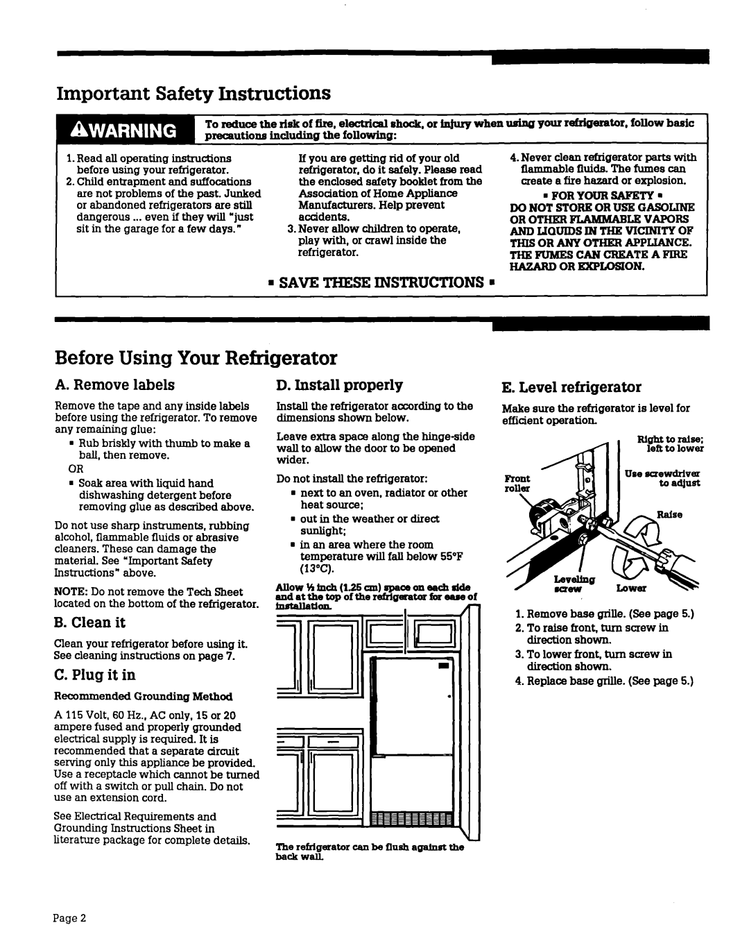 Whirlpool RB22CK Important Safety Instructions, Before Using Your Refrigerator, ’ Savetheseinstructions’, A. Removelabels 