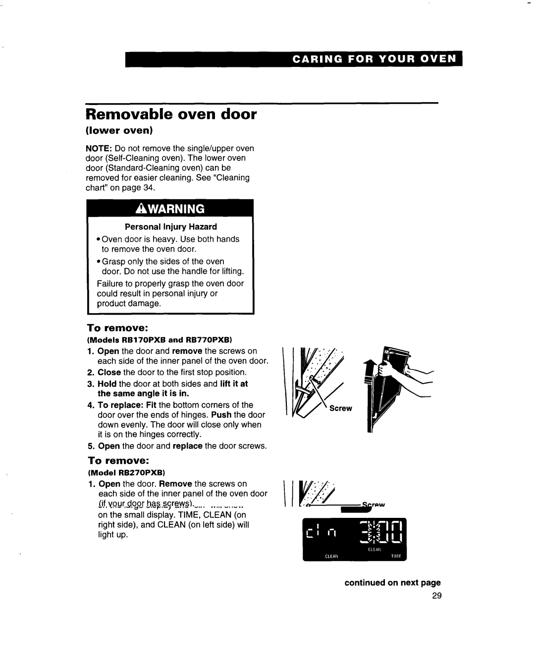 Whirlpool RB16 PXB, RB260PXB, RB770PXB, RB270PXB, RB760PXB, RB170PXB warranty Removable oven door, Lower oven, To remove 