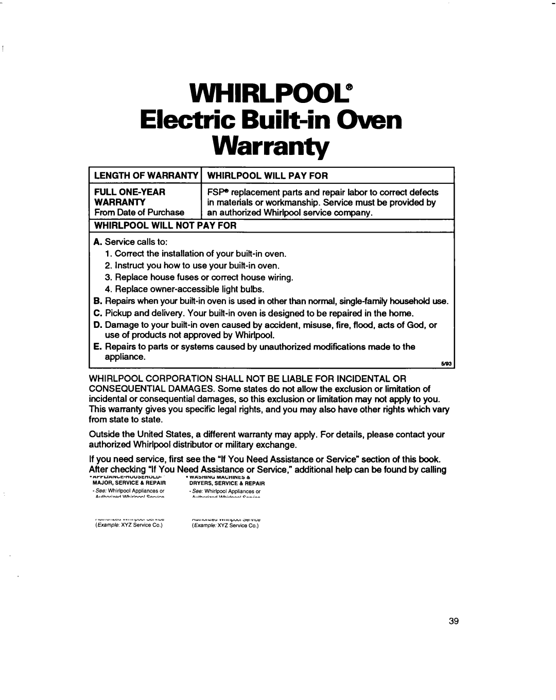 Whirlpool RB170PXB, RB260PXB, RB770PXB, RB270PXB, RB760PXB, RB16 PXB warranty Whirlpool@, Electric Built-in Oven Warranty 