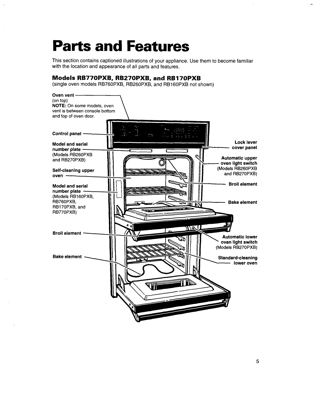 Whirlpool RB16 PXB, RB260PXB, RB760PXB, RB170PXB warranty Parts and Features, Models RB770PXB, RB270PXB, and RBI 70PXB 