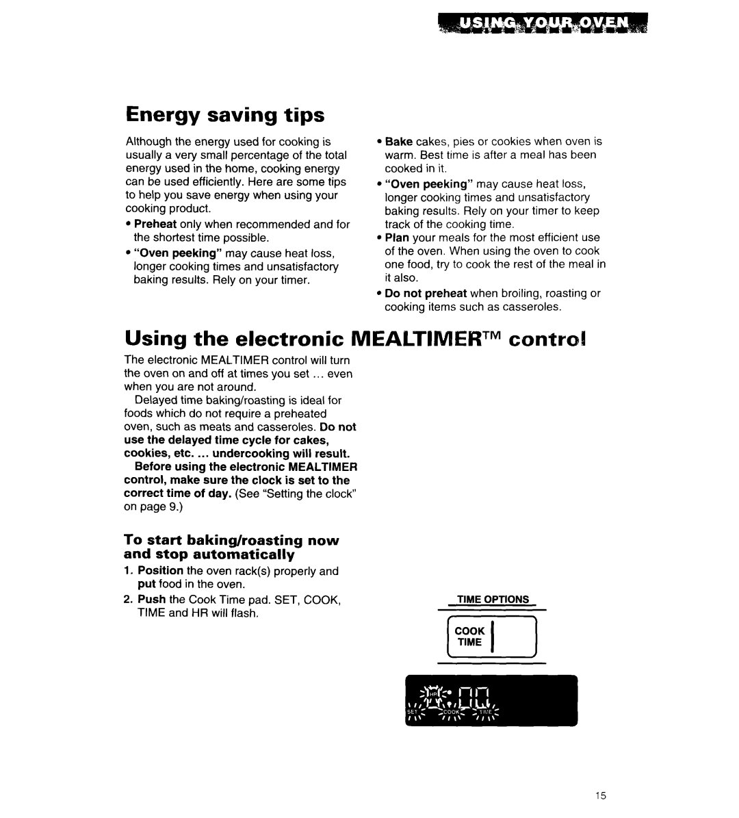 Whirlpool RB262PXA important safety instructions Energy saving tips, Using the electronic Mealtimektm controI1, Start, Stop 