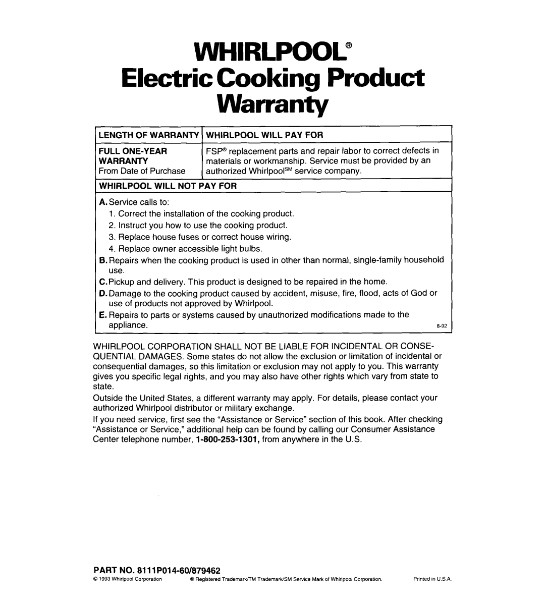 Whirlpool RB262PXA important safety instructions Whirlpool, Electric Cooking Product Warranty 