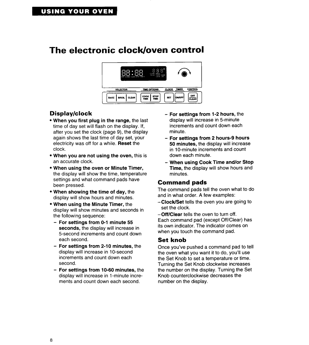 Whirlpool RB262PXA important safety instructions Electronic clock/oven control, Display/clock, Command pads, Set knob 