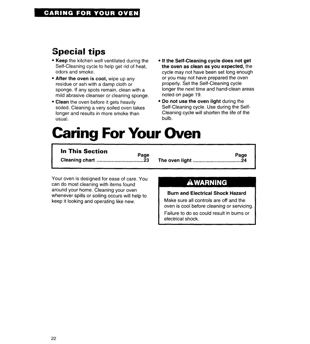 Whirlpool RB262PXA important safety instructions Caring For Your Oven, Special tips 