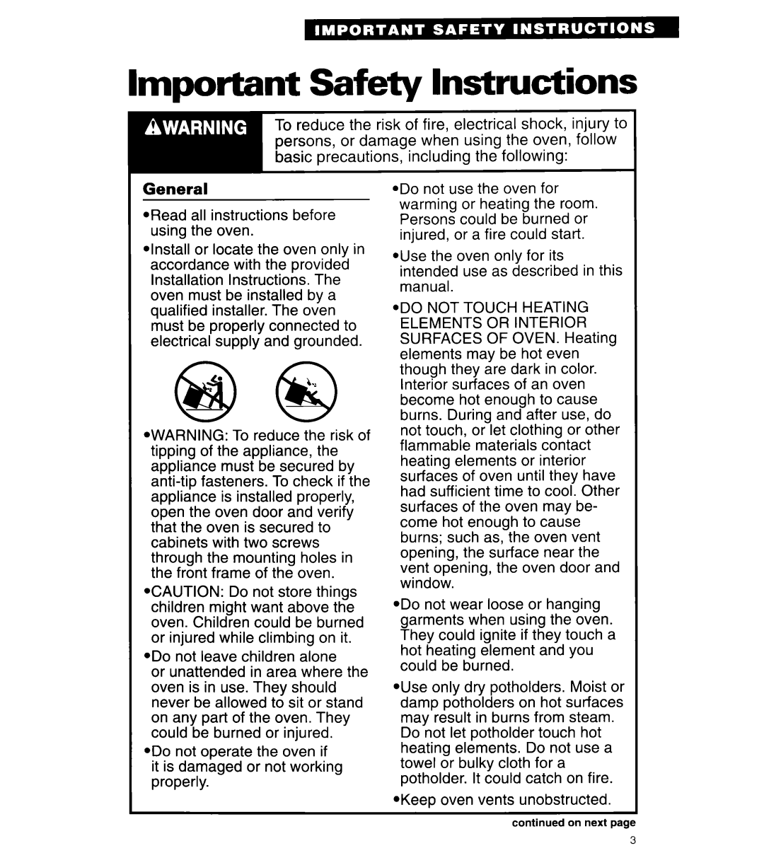 Whirlpool RB262PXA important safety instructions Important Safety Instructions, General 