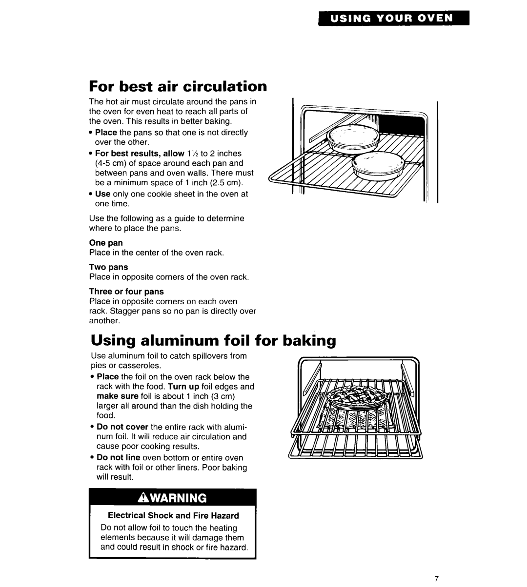 Whirlpool RB262PXA important safety instructions For best air circulation, Using aluminum foil for baking 