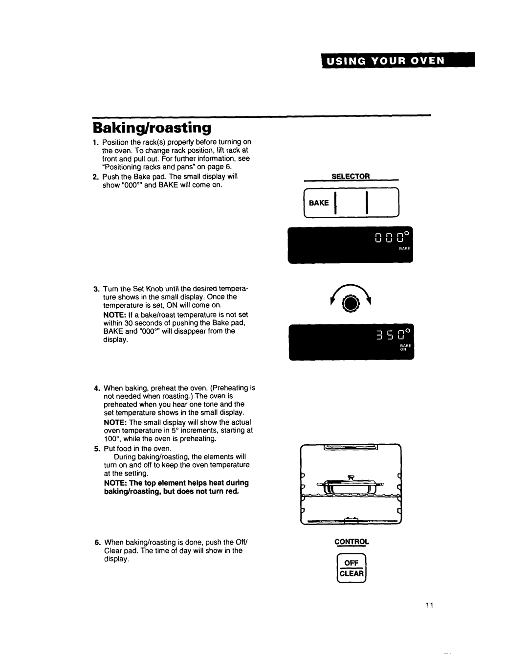 Whirlpool RB262PXY warranty Baking/roasting, Selector Control OFF Clear 