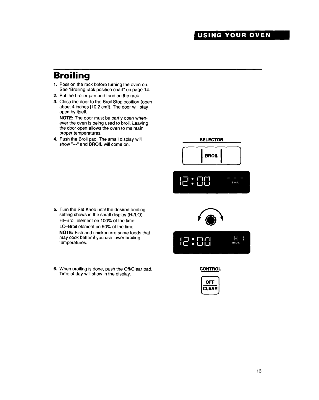 Whirlpool RB262PXY warranty Broiling, Selector Control OFF 