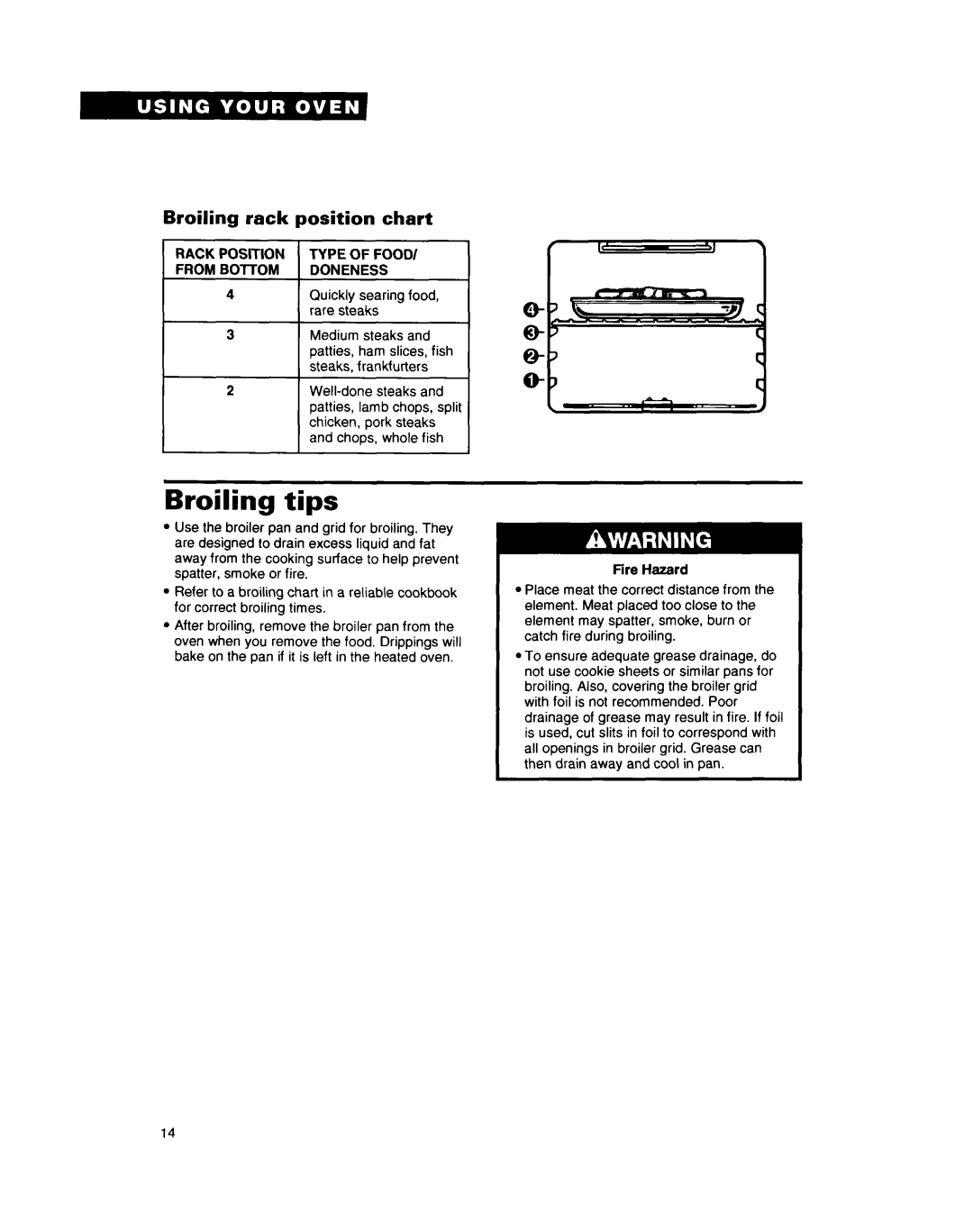 Whirlpool RB262PXY warranty Broiling tips, Broiling rack position chart, Rack Position Type of Food, From BOlTOM Doneness 