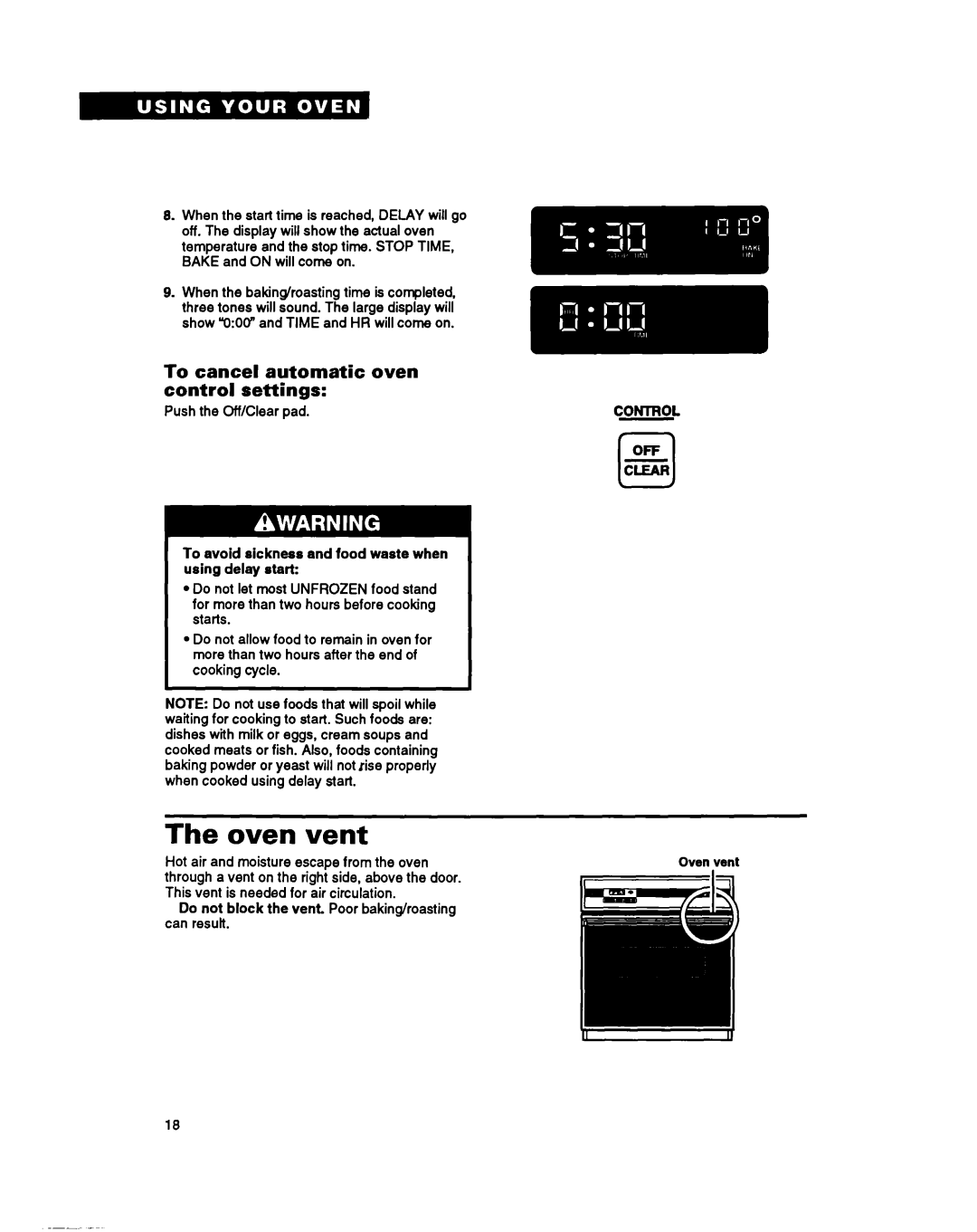 Whirlpool RB262PXY warranty Oven vent, To cancel automatic oven control settings 