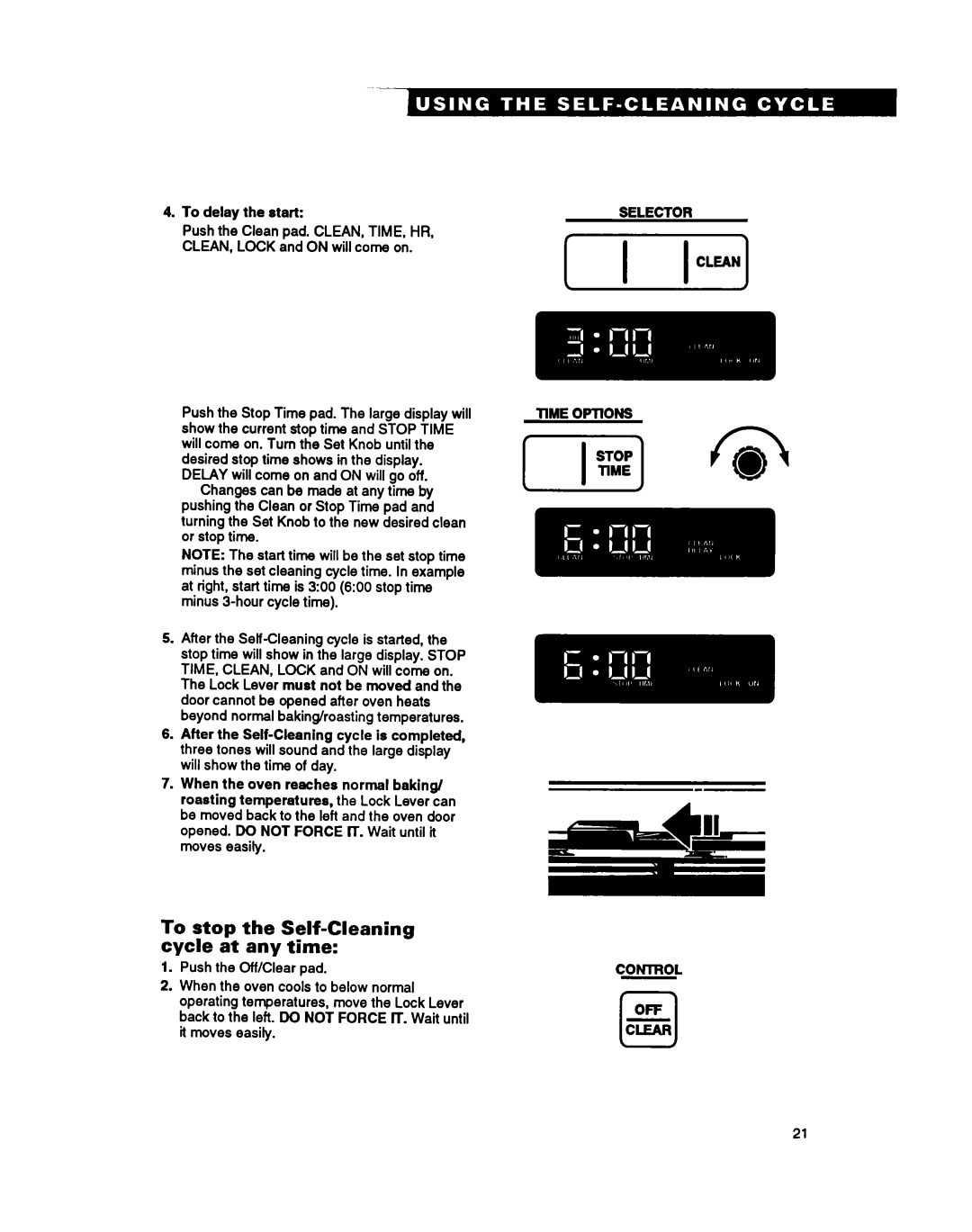 Whirlpool RB262PXY warranty To stop the Self-Cleaning cycle at any time, To delay the start, Time Options 