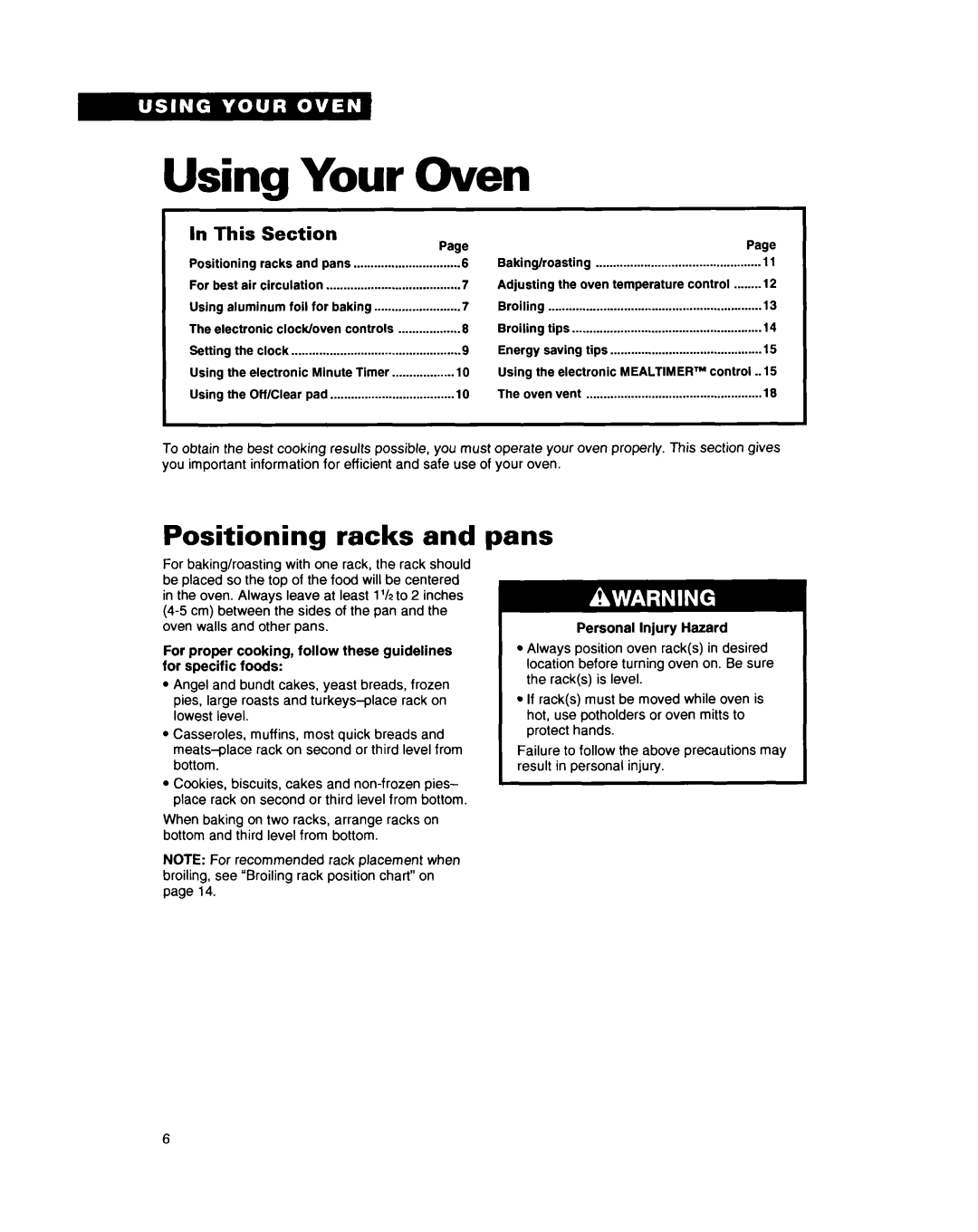 Whirlpool RB262PXY warranty Using Your Oven, Positioning racks, Pans, This Section, Personal Injury Hazard 