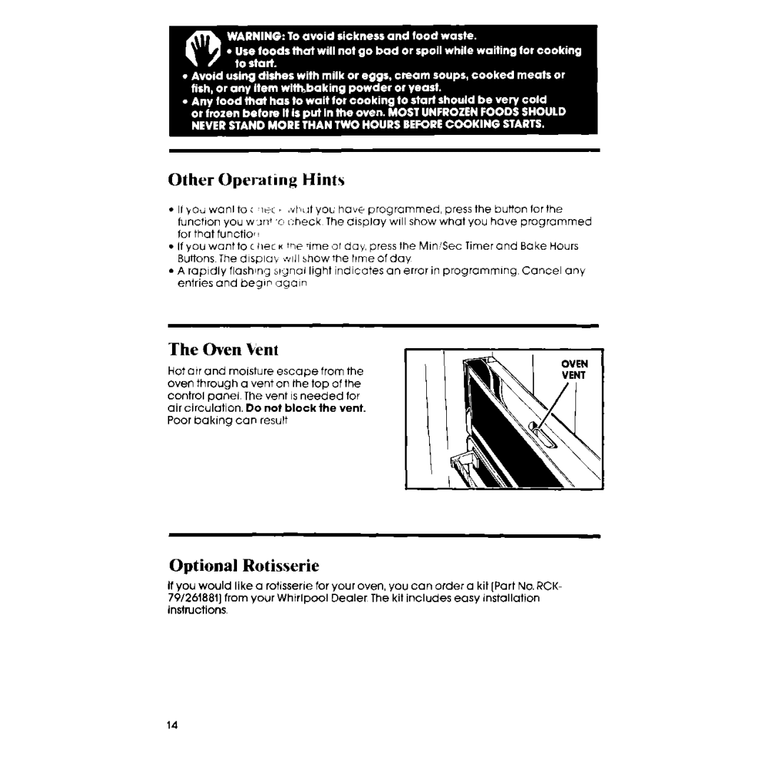 Whirlpool RB265PXK manual Other Operating Hints, Oven Vent, Optional Rotisserie 