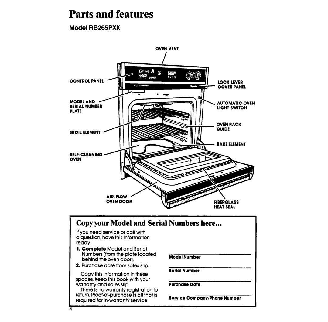 Whirlpool manual Parts and features, Copy your Model and Serial Numbers here, Model RB265PXK 