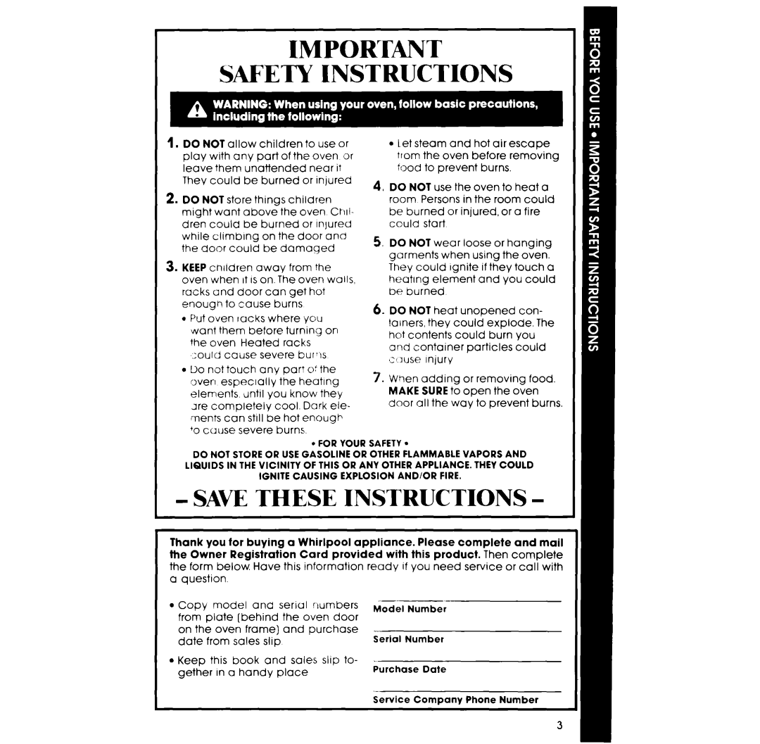 Whirlpool RB265PXV, RB266PXV manual Safety Instructions 