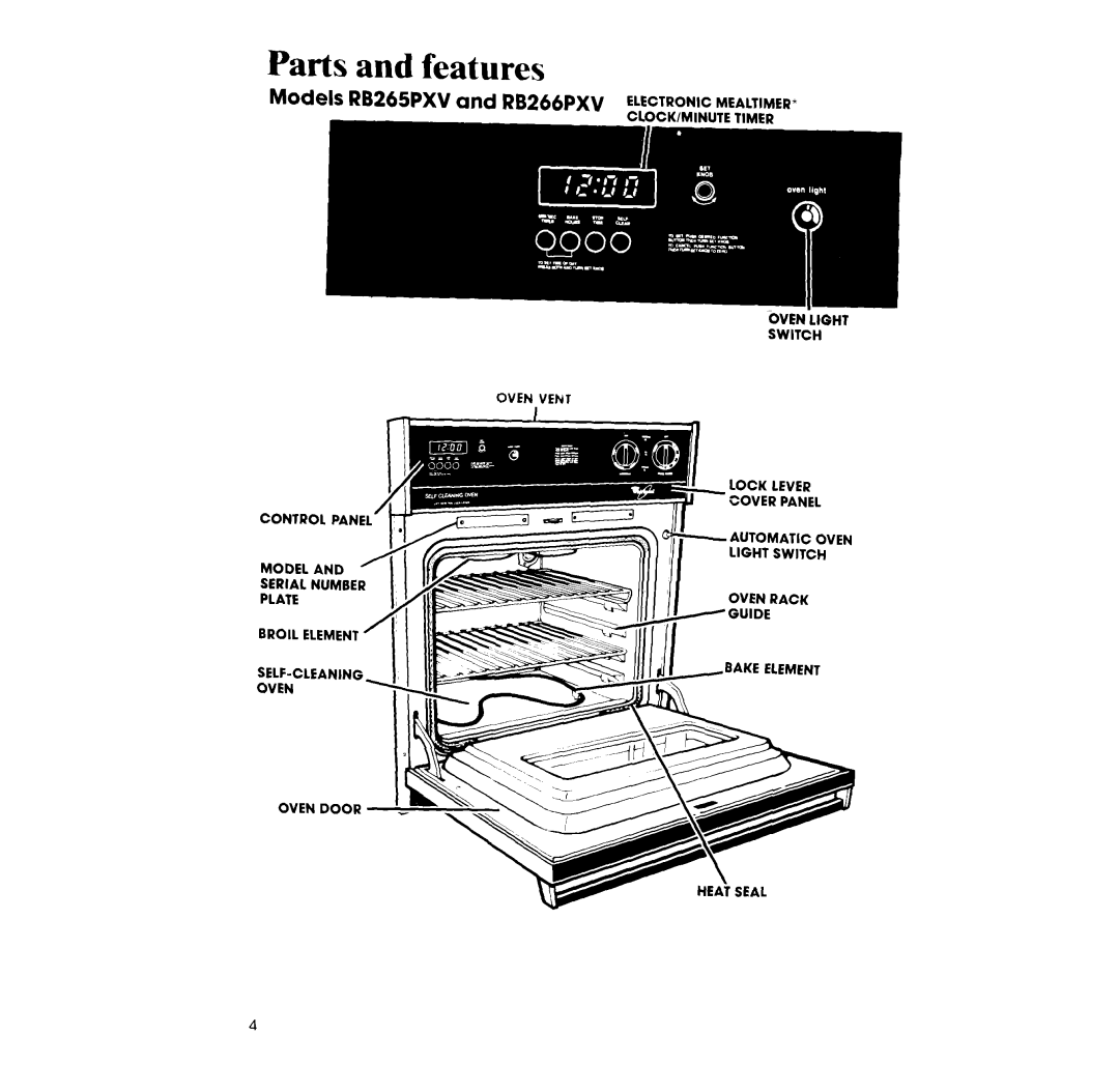 Whirlpool RB266PXV manual Parts and features, Models RB265PXV and RB 