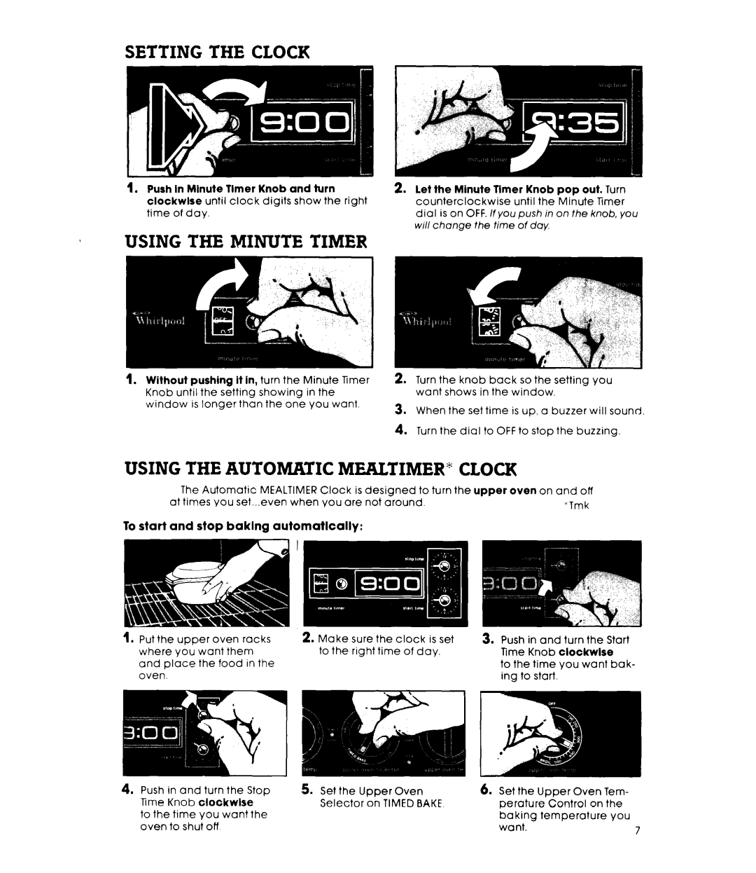Whirlpool RB270PXK manual Setting the Clock, Using the Minute Timer, To start and stop baking automatlcally 