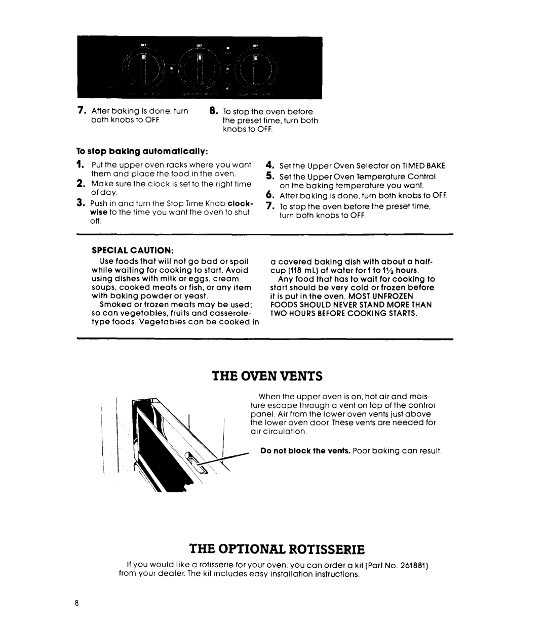 Whirlpool RB270PXK manual Oven Vents, Optional Rotisserie, To stop baklng automatically 