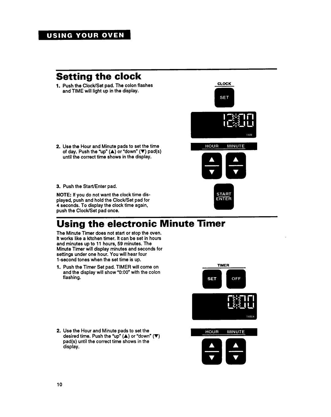 Whirlpool RB770PXY, RB270PXY, RB760PXY Setting the clock, Using the electronic Minute Timer, Push the Start/Enter pad 