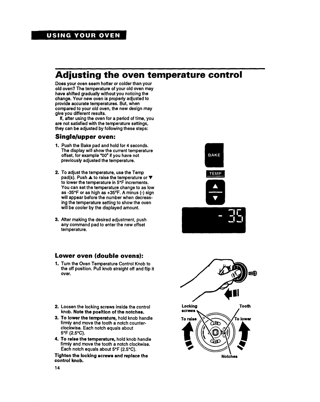 Whirlpool RB17OPXY, RB270PXY Adjusting the oven temperature control, Single/upper oven, Lower oven double ovens, 5F 2.5% 