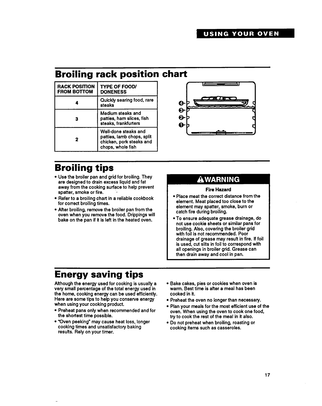 Whirlpool RBIGOPXY, RB270PXY, RB760PXY, RB17OPXY, RB260PXY Broiling rack position chart, Broiling tips, Energy saving tips 