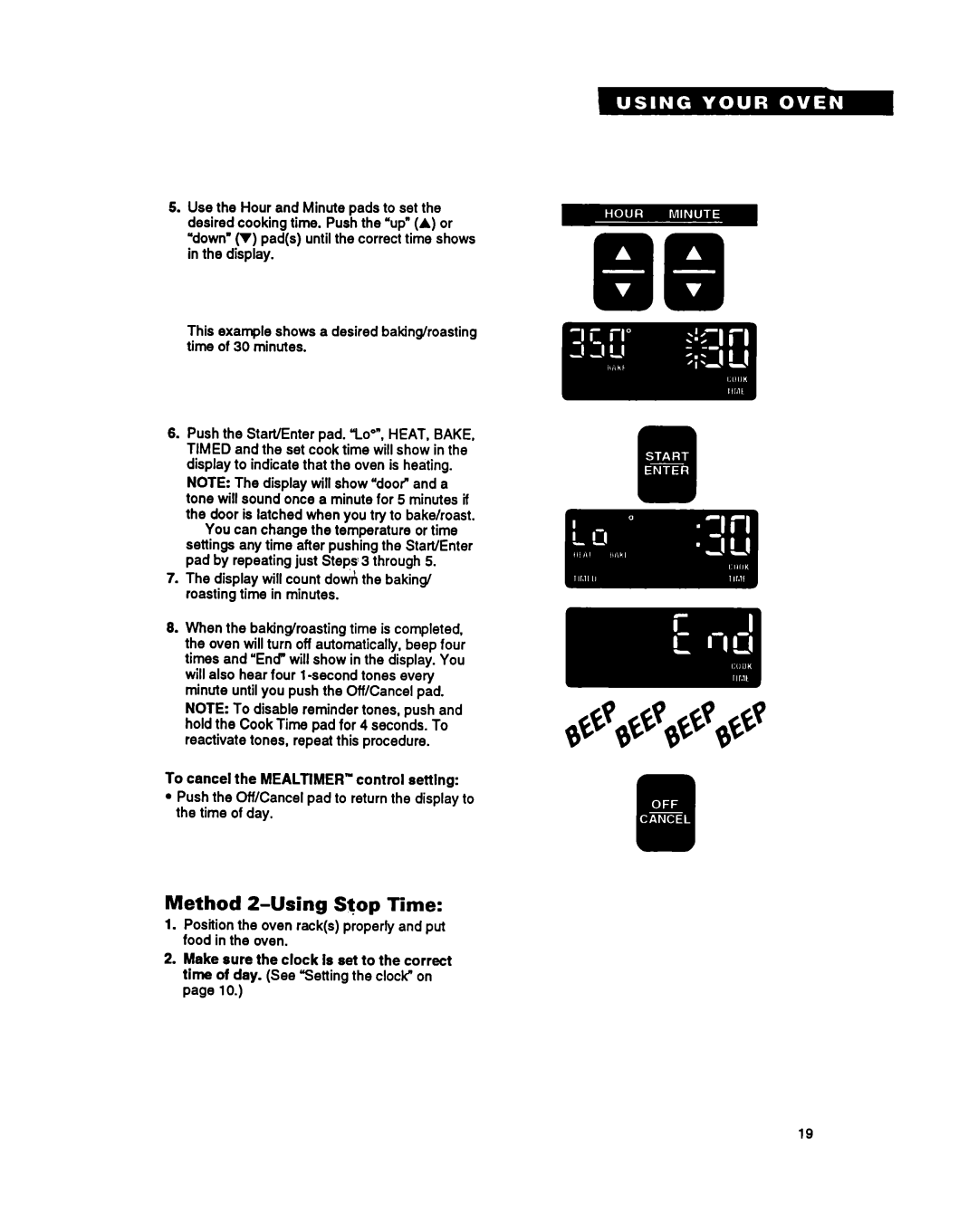 Whirlpool RB760PXY, RB270PXY warranty Method 2-Using Stop Time, Display will count down the baking/ roasting time in minutes 