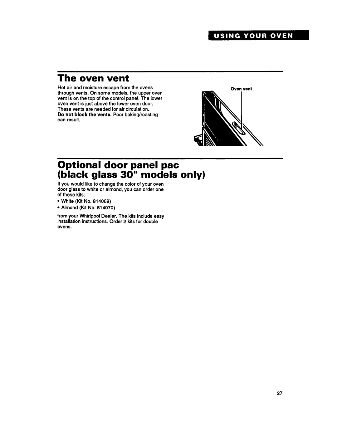 Whirlpool RB260PXY, RB270PXY, RB760PXY, RB17OPXY, RB770PXY Oven vent, Optional door panel pat black glass 30 models only 