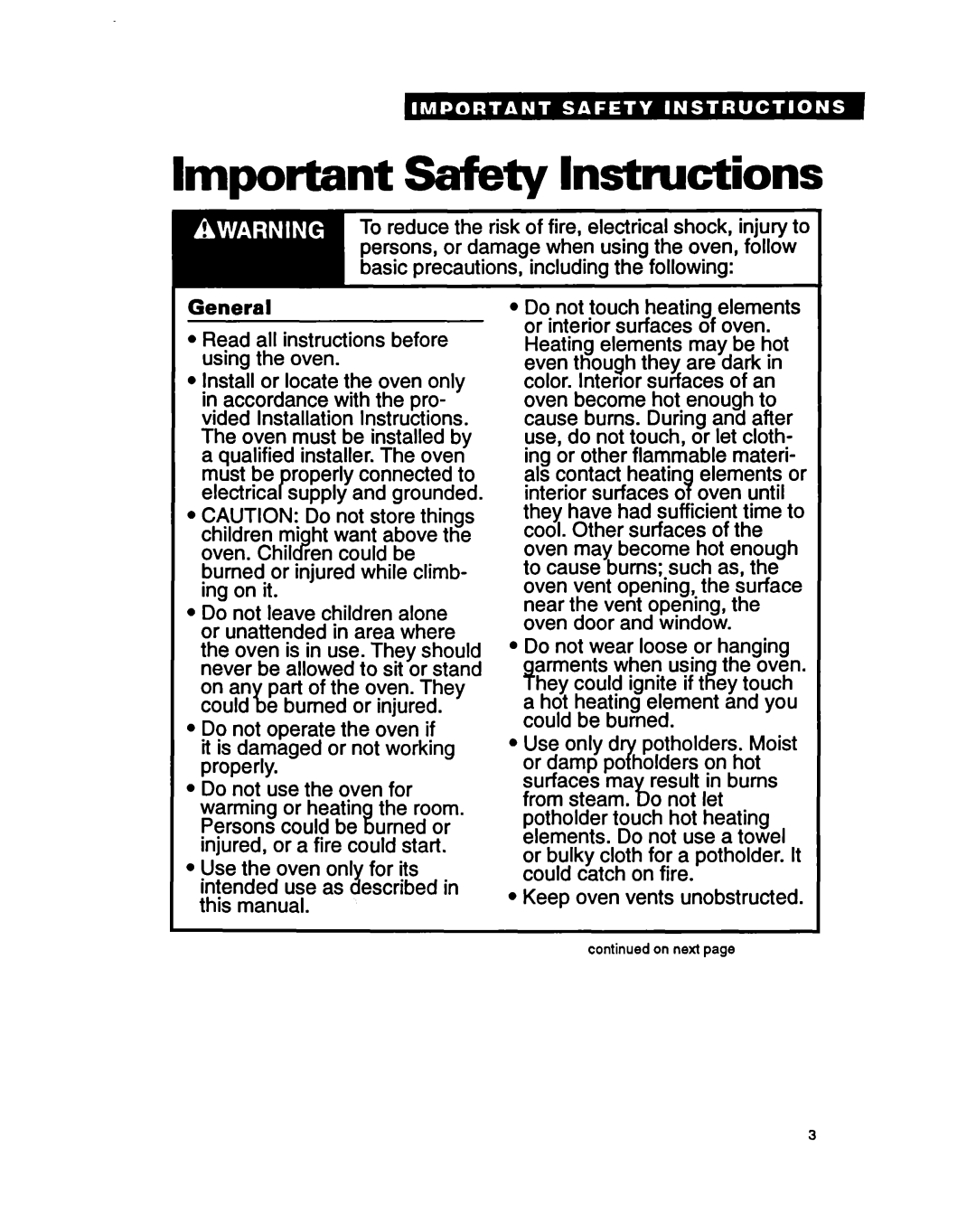 Whirlpool RB260PXY, RB270PXY, RB760PXY, RB17OPXY, RB770PXY General Read all instructions before using the oven, On next 