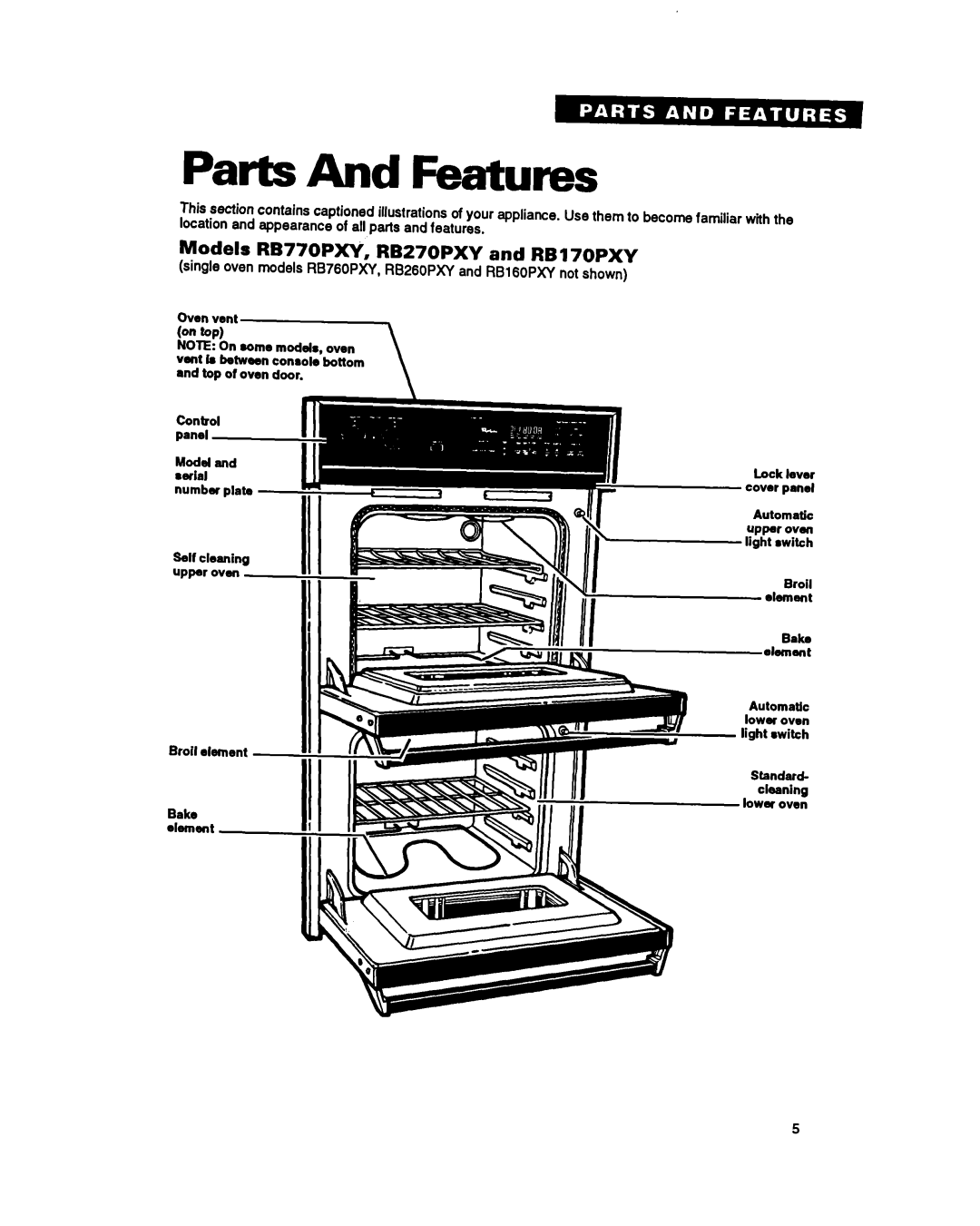 Whirlpool RBIGOPXY, RB760PXY, RB260PXY, RB770PXY warranty Parts And Features, Models RB770PX\‘, RB270PXY and RB17OPXY 