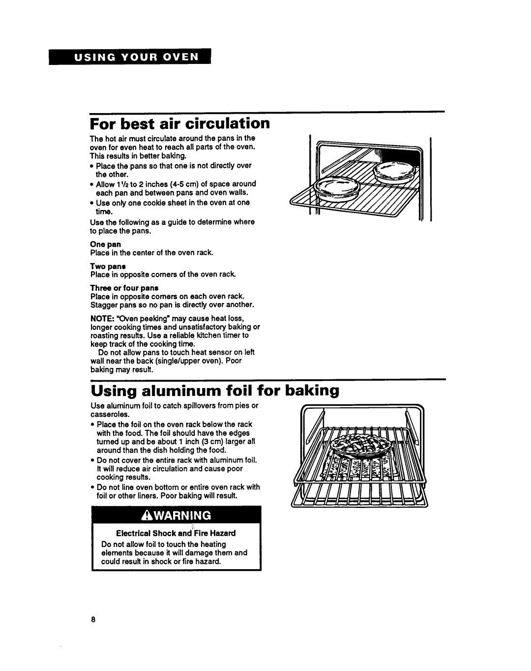 Whirlpool RB17OPXY warranty For best air circulation, Using aluminum foil for baking, Place in the center of the oven rack 