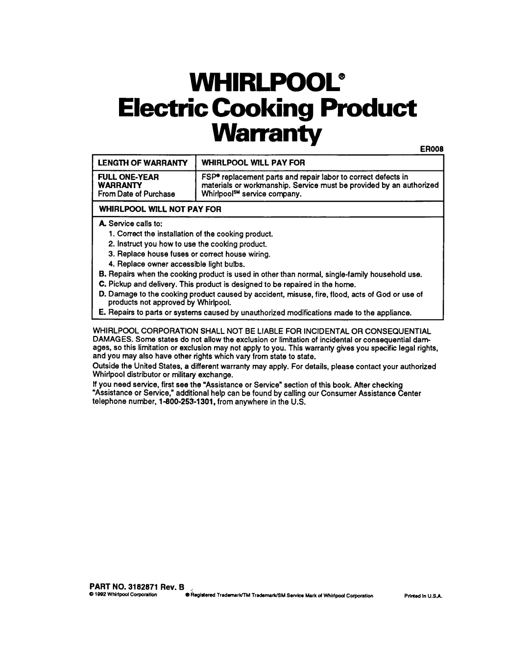 Whirlpool RB770PXY, RB270PXY, RB760PXY, RB17OPXY, RB260PXY, RBIGOPXY warranty WHIRLPOOL@ Electric Cooking Product Warranty 