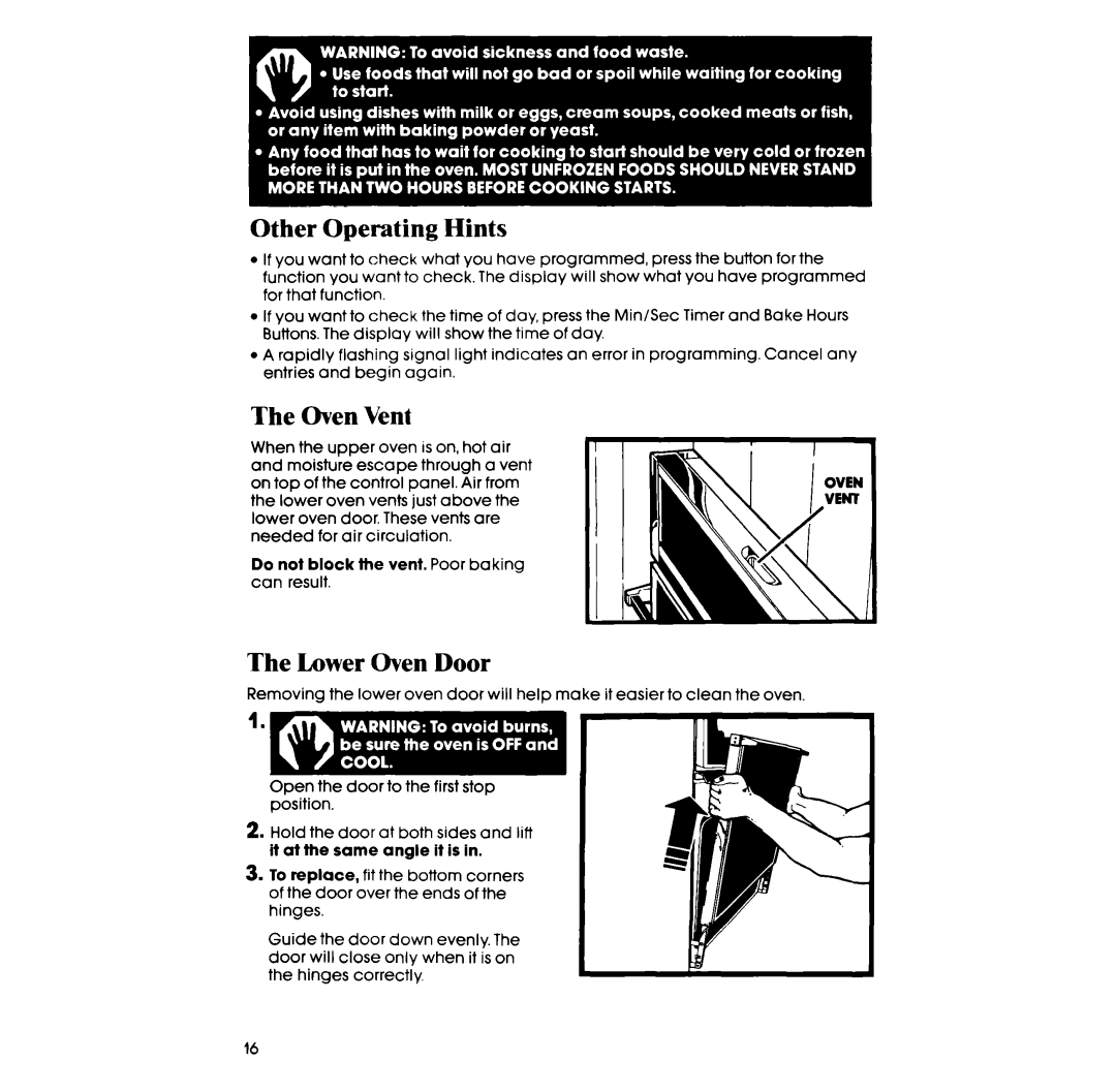 Whirlpool RB275PXK manual Other Operating Hints, Oven Vent, Lower Oven Door 