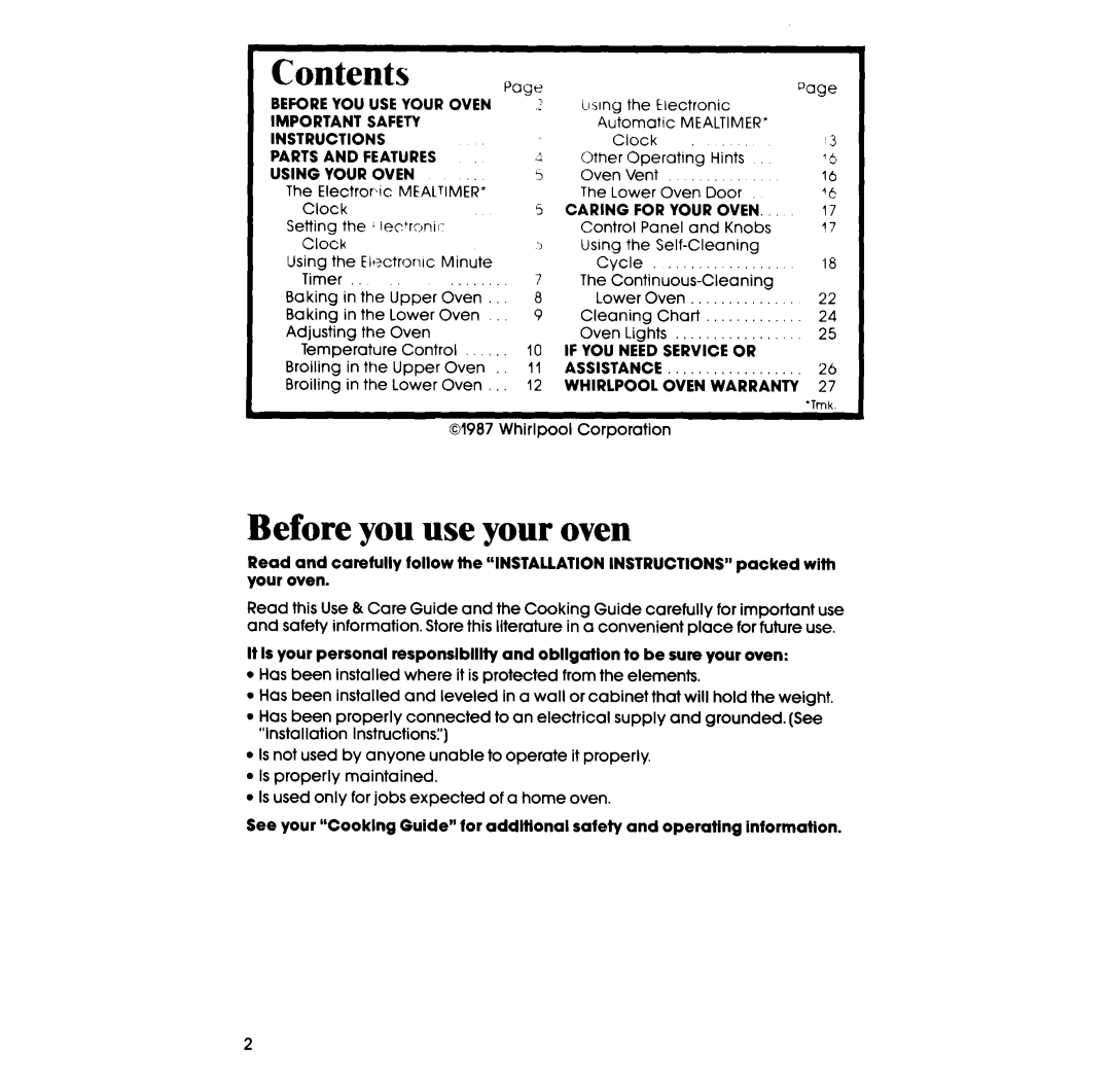 Whirlpool RB275PXK manual Contents, Page, Before you use your oven 