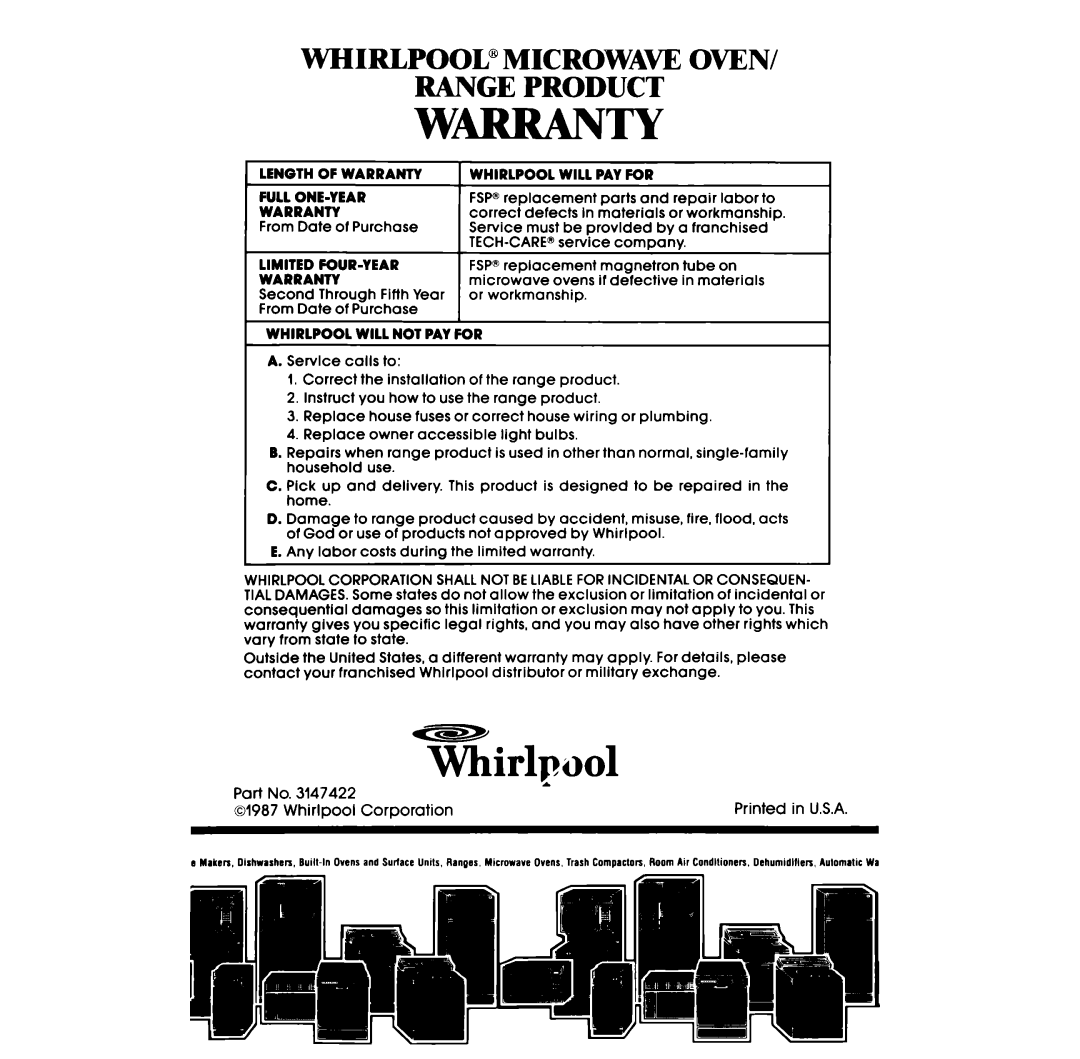 Whirlpool RB275PXK manual Whirlpool”Microwa~ Oven Range Product 