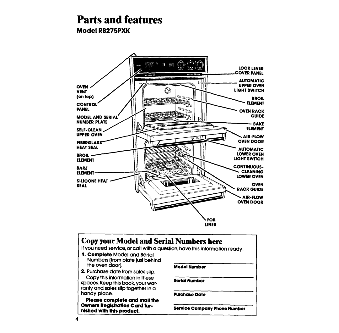 Whirlpool manual Parts and features, Copy your Model and Serial Numbers here, Model RB275PXK 