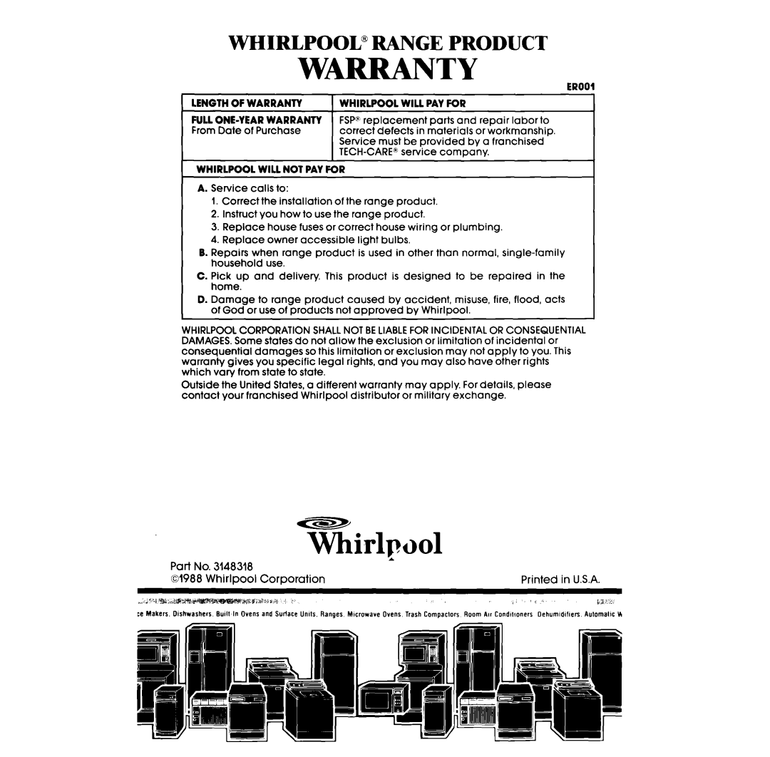 Whirlpool RB275PXV, RB276PXV manual Warranty, Whirlp001, Whirlpool” Range Product 
