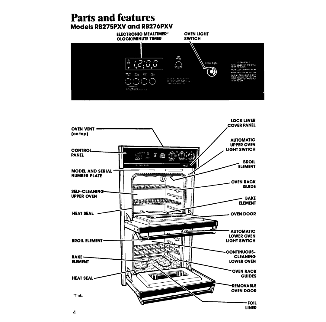 Whirlpool manual OVENon toPIVENT, Parts and features, Models RB275PXV and RB276PXV 