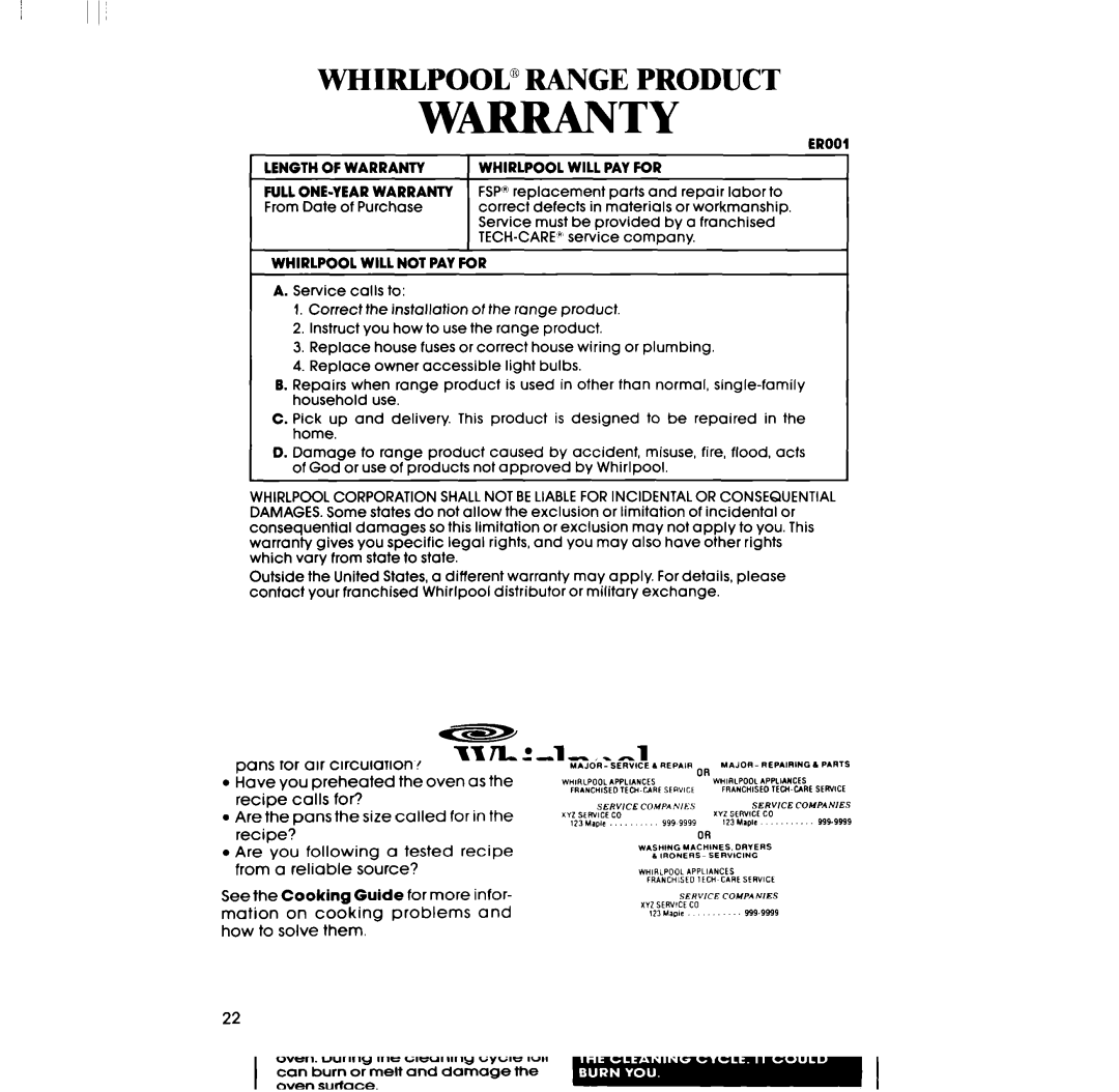 Whirlpool RB760PXT manual Length of Warranty, Whirlpool will not PAY for 